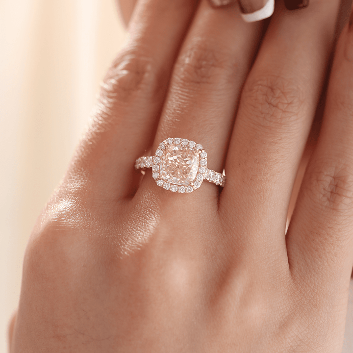 14K Yellow Gold 3ct Cushion Cut Pink Lab Diamond Ring with Round Lab Diamond Halo and U - shape Pave - FIORESE JEWELRY