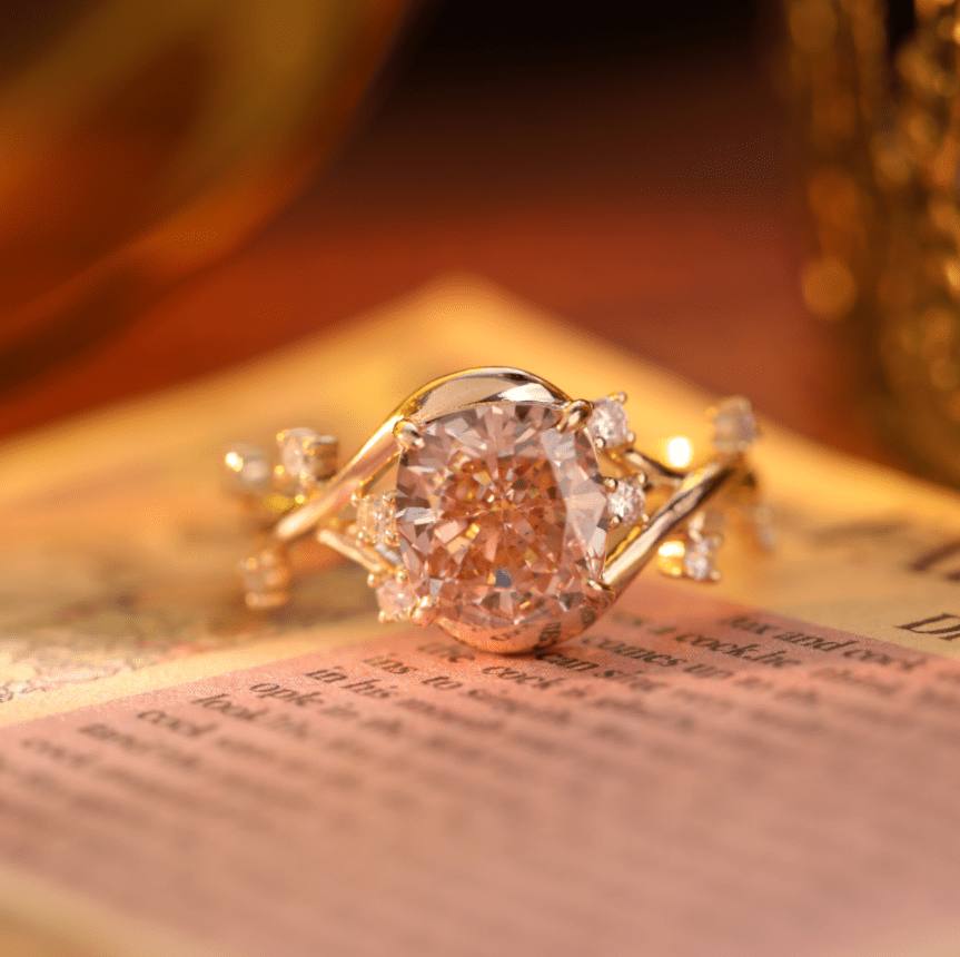 14K Yellow Gold 3ct Cushion Pink Lab Diamond Ring with Round Lab Diamond Side - stones — Art Nouveau Nature - Inspired Design - FIORESE JEWELRY