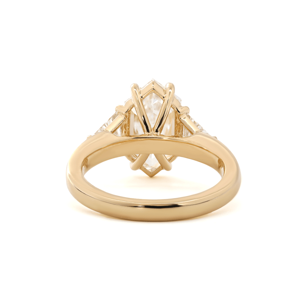 14K Yellow Gold 3ct Elongated Hexagonal Step Cut Lab Diamond Victoran - Style Three Stone Ring with Triangle Side - stone - FIORESE JEWELRY