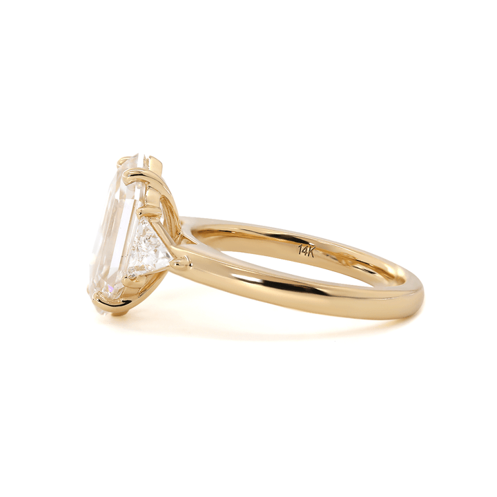 14K Yellow Gold 3ct Elongated Hexagonal Step Cut Lab Diamond Victoran - Style Three Stone Ring with Triangle Side - stone - FIORESE JEWELRY
