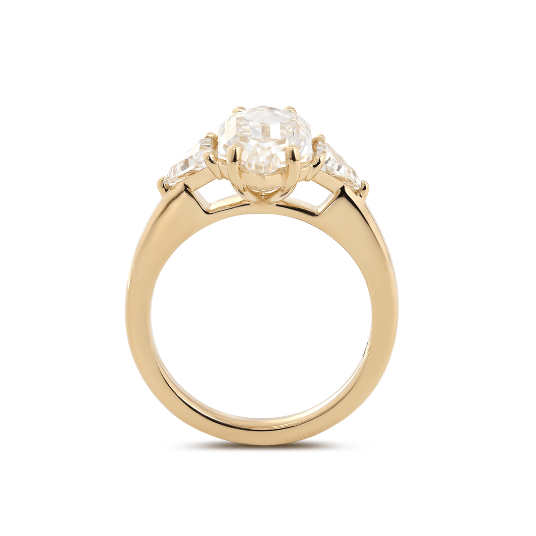 14K Yellow Gold 3ct Elongated Hexagonal Step Cut Lab Diamond Victoran - Style Three Stone Ring with Triangle Side - stone - FIORESE JEWELRY