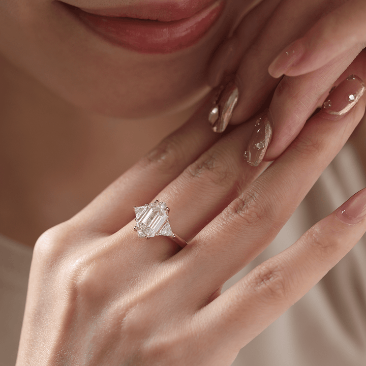 14K Yellow Gold 3ct Elongated Hexagonal Step Cut Lab Diamond Victoran - Style Three Stone Ring with Triangle Side - stone - FIORESE JEWELRY
