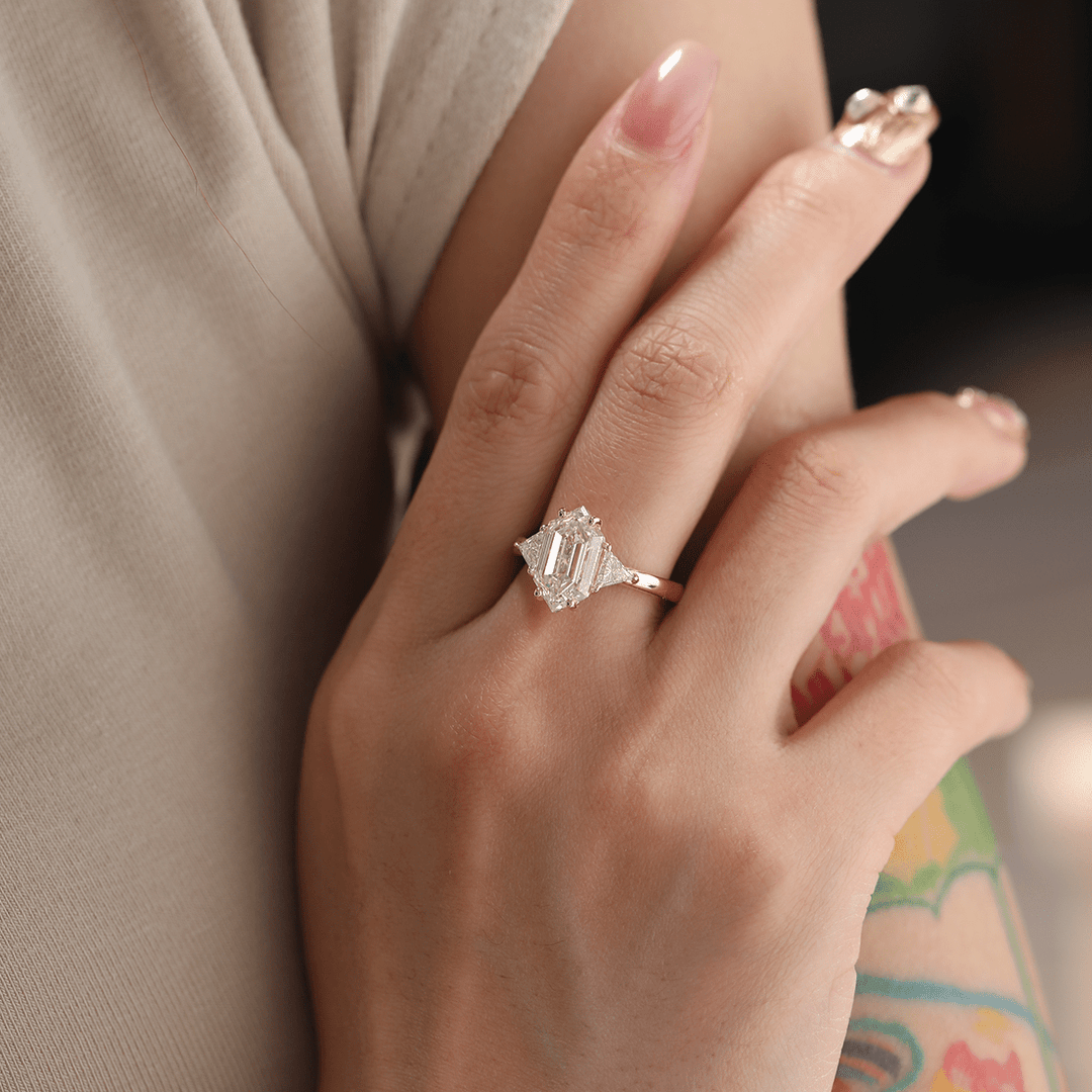 14K Yellow Gold 3ct Elongated Hexagonal Step Cut Lab Diamond Victoran - Style Three Stone Ring with Triangle Side - stone - FIORESE JEWELRY