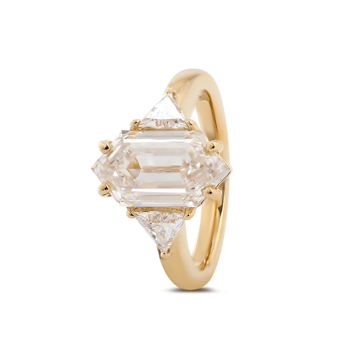 14K Yellow Gold 3ct Elongated Hexagonal Step Cut Lab Diamond Victoran-Style Three Stone Ring with Triangle Side-stone