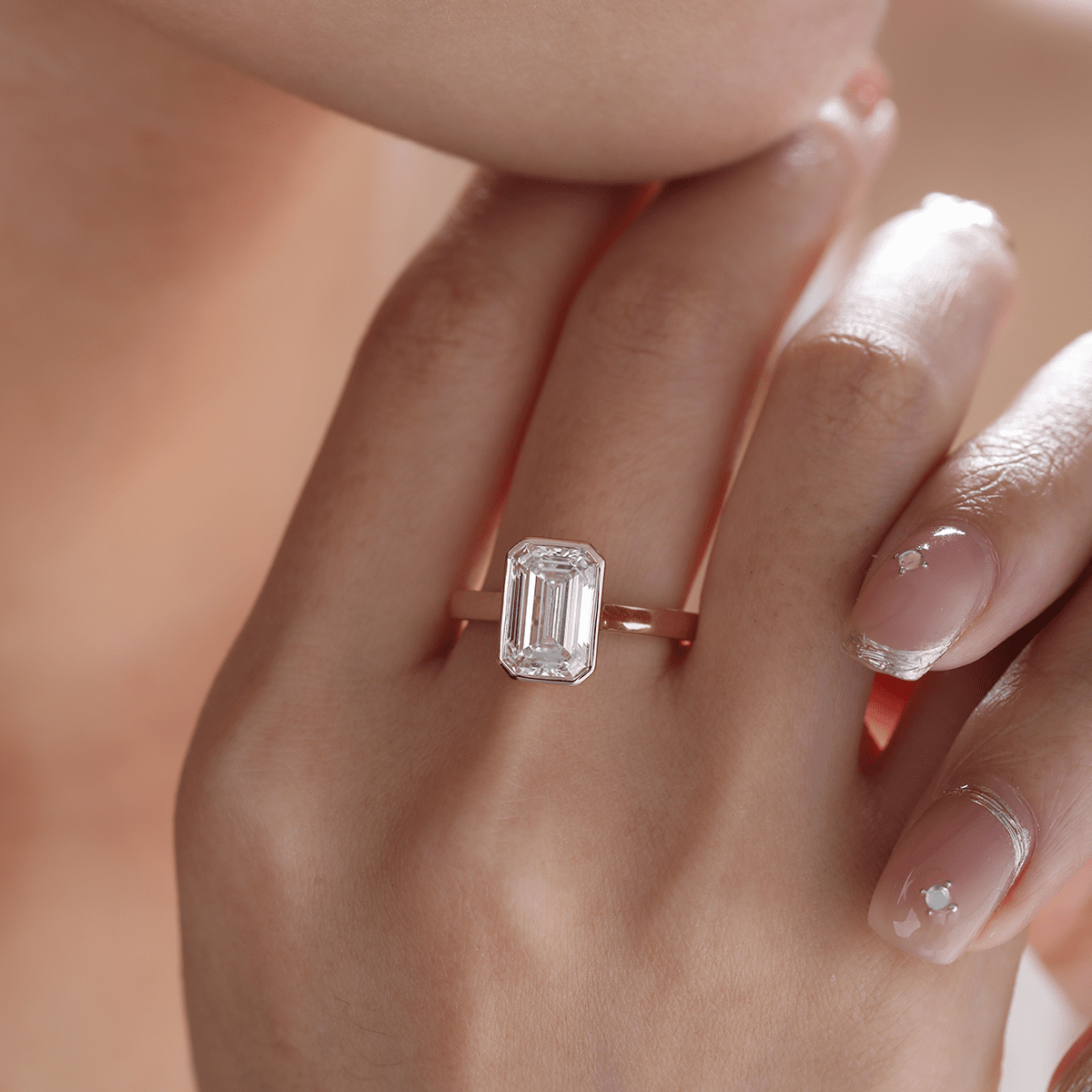 Emerald-Cut Lab Diamond Bezel-Set Solitaire Ring with Floating Setting