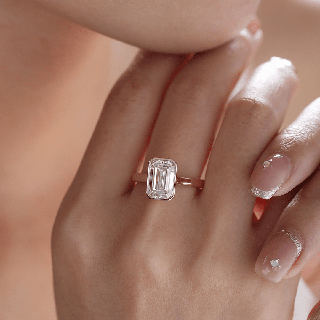 14K Yellow Gold 3ct Emerald Cut Lab Diamond Bezel Solitaire Ring - FIORESE JEWELRY