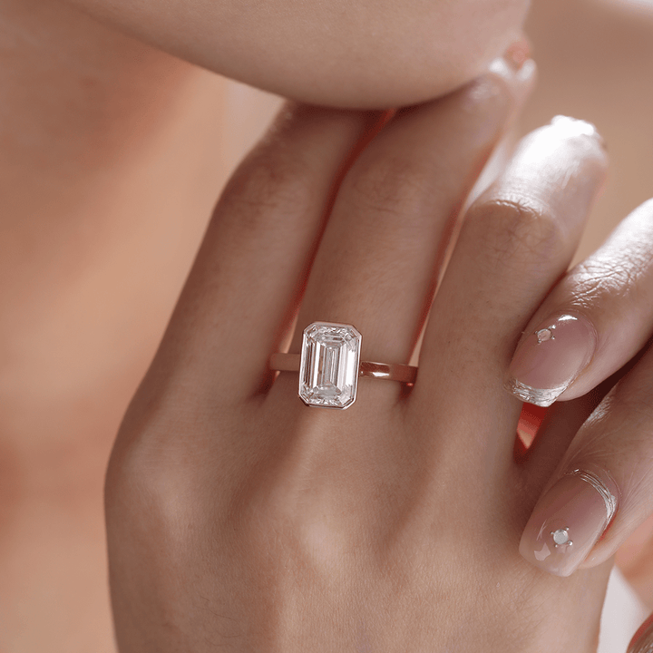 14K Yellow Gold 3ct Emerald Cut Lab Diamond Bezel Solitaire Ring - FIORESE JEWELRY