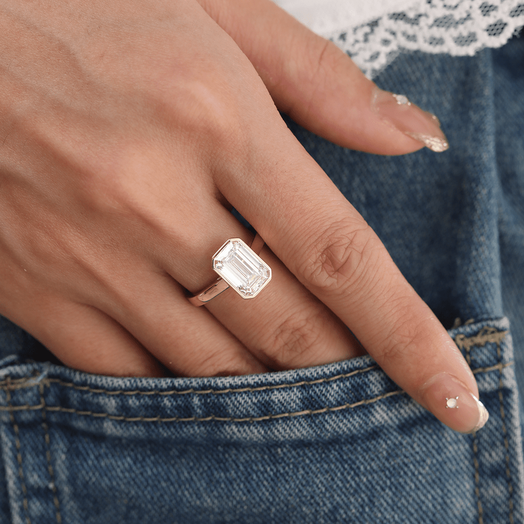 14K Yellow Gold 3ct Emerald Cut Lab Diamond Bezel Solitaire Ring - FIORESE JEWELRY