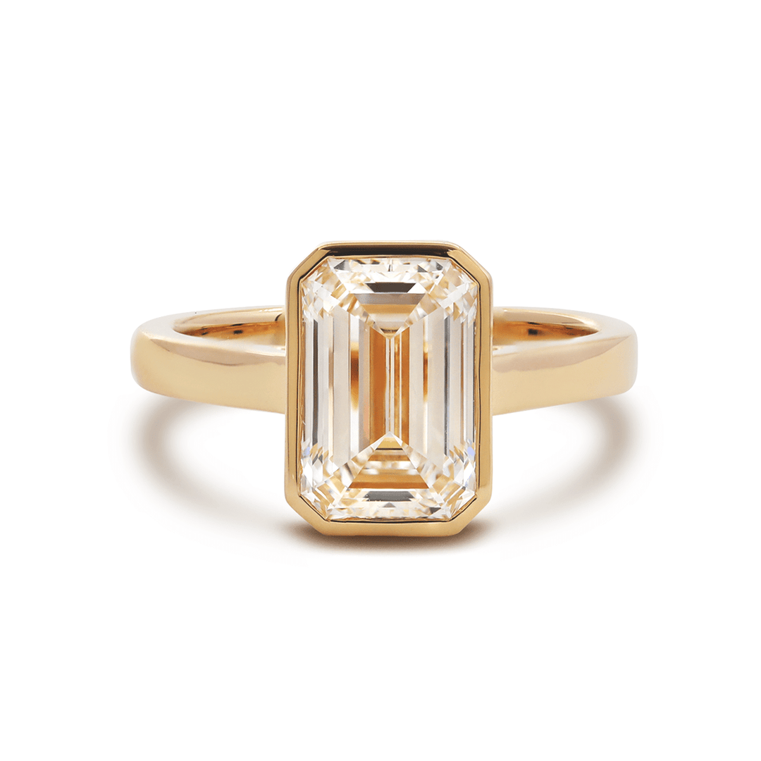 14K Yellow Gold 3ct Emerald Cut Lab Diamond Bezel Solitaire Ring - FIORESE JEWELRY