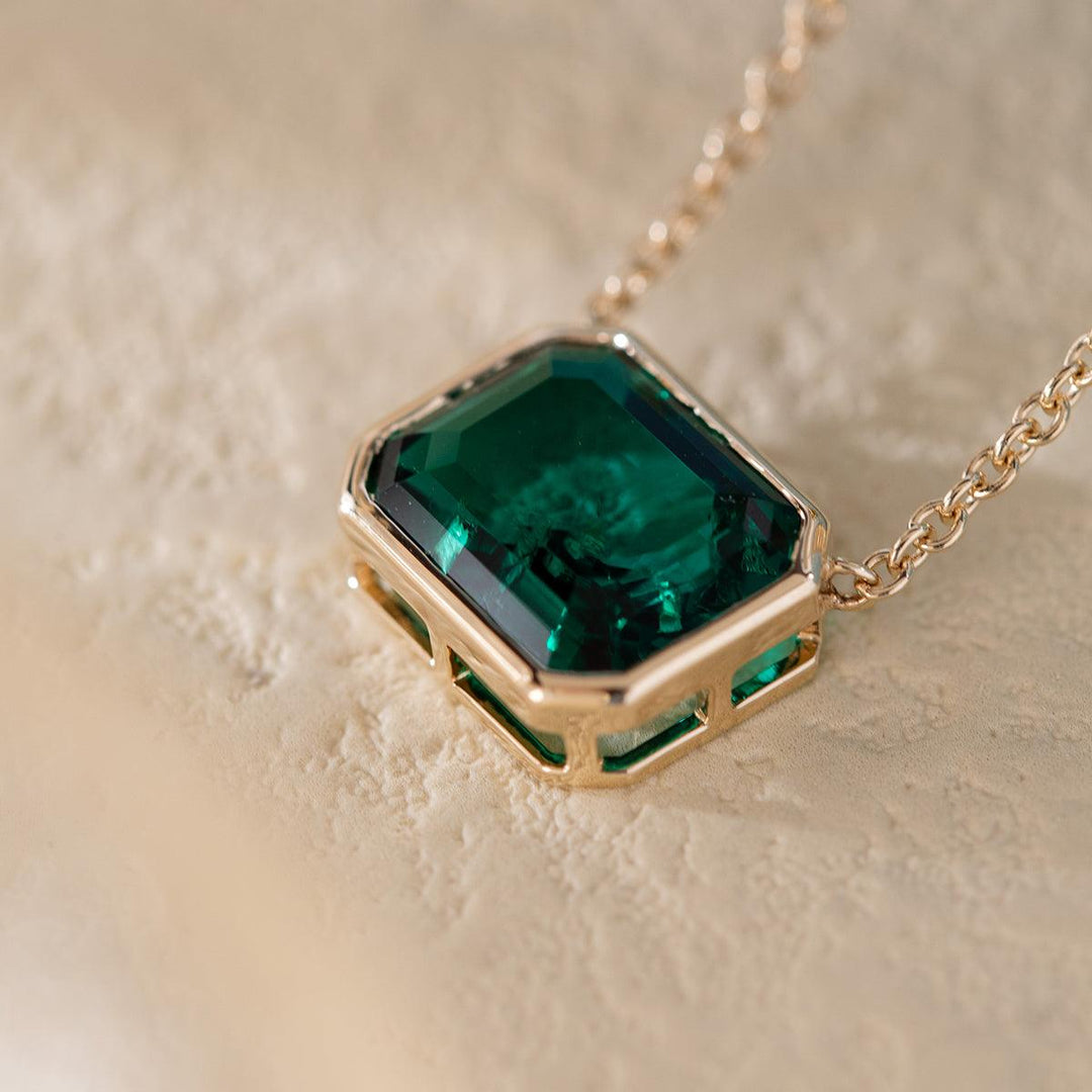14K Yellow Gold 3ct Emerald Cut Lab Emerald Bezel Pendant Necklace - FIORESE JEWELRY