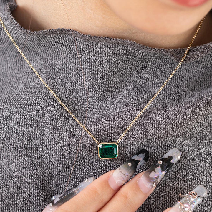 14K Yellow Gold 3ct Emerald Cut Lab Emerald Bezel Pendant Necklace - FIORESE JEWELRY