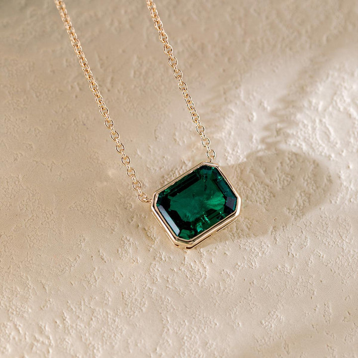 14K Yellow Gold 3ct Emerald Cut Lab Emerald Bezel Pendant Necklace - FIORESE JEWELRY
