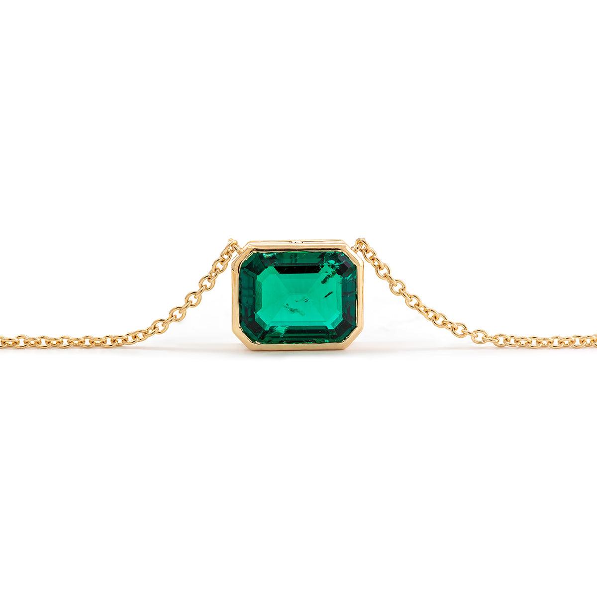 14K Yellow Gold 3ct Emerald Cut Lab Emerald Bezel Pendant Necklace - FIORESE JEWELRY