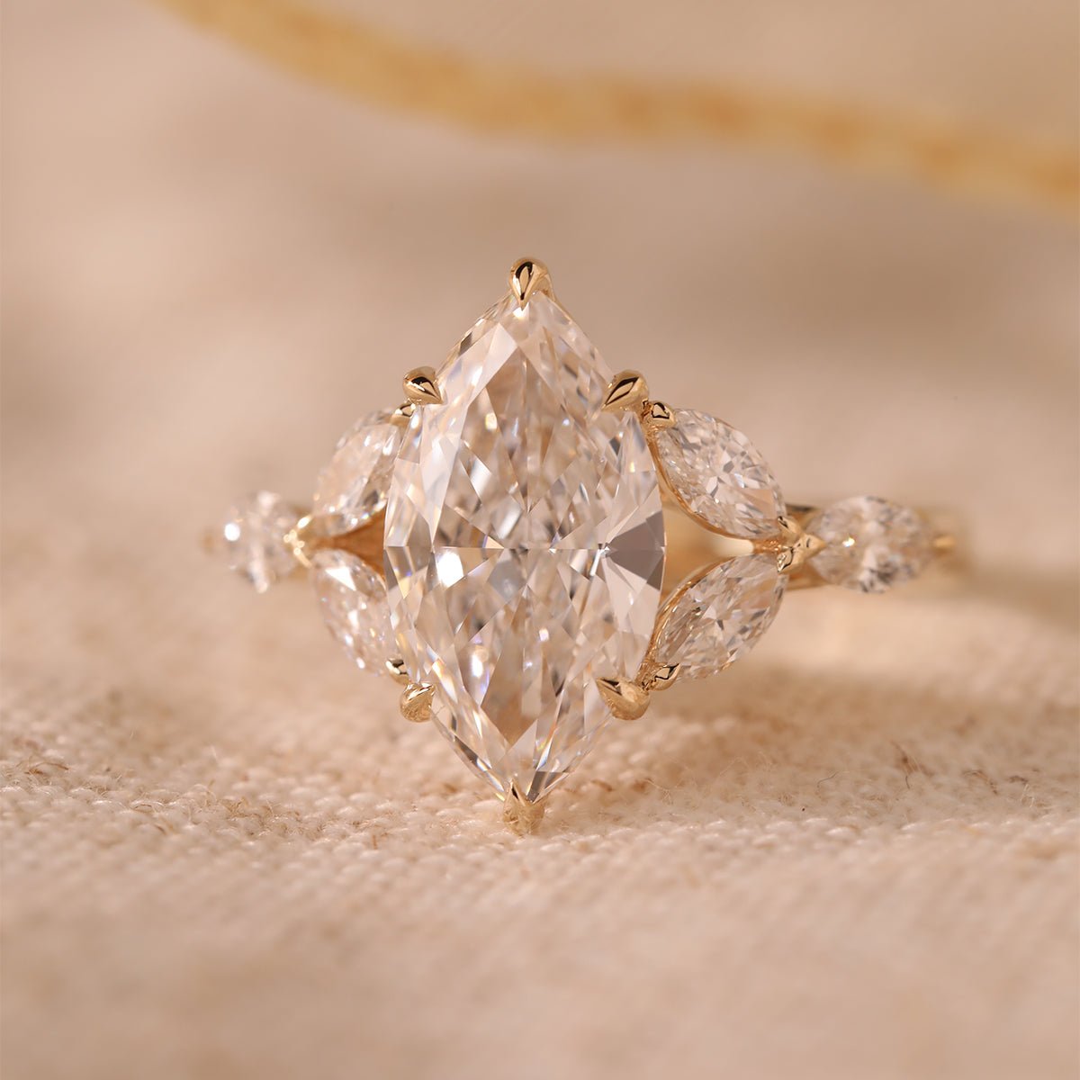 14K Yellow Gold 3ct Marquise Lab Diamond Ring – Art Nouveau Nature-Inspired Design