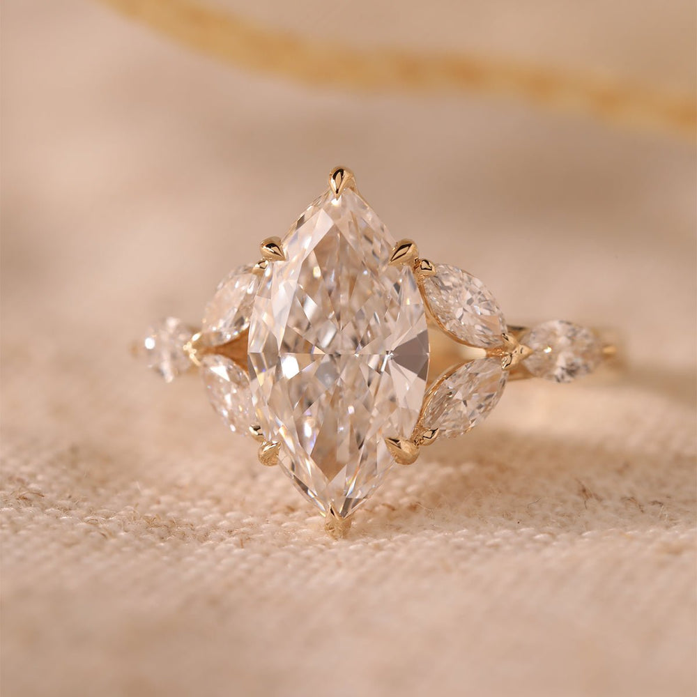 14K Yellow Gold 3ct Marquise Lab Diamond Ring – Art Nouveau Nature - Inspired Design - FIORESE JEWELRY