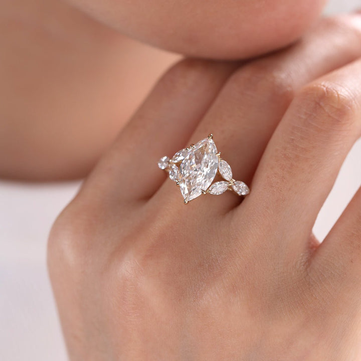 14K Yellow Gold 3ct Marquise Lab Diamond Ring – Art Nouveau Nature - Inspired Design - FIORESE JEWELRY