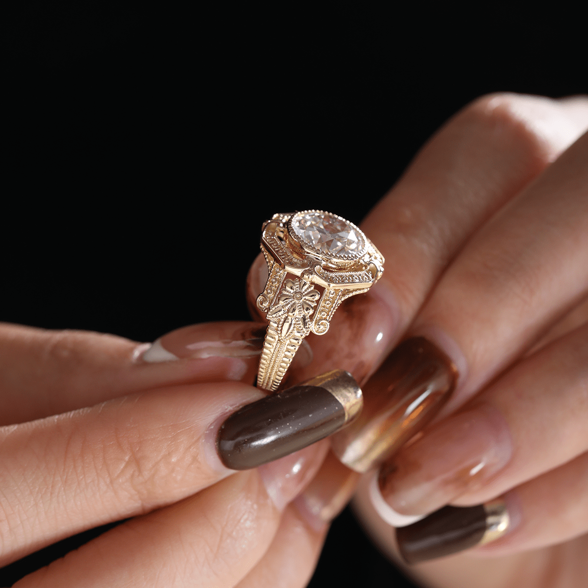 Old European-Cut Lab Diamond Ring with Millegrain Bezel Setting and Vintage Engraved Art Deco Design