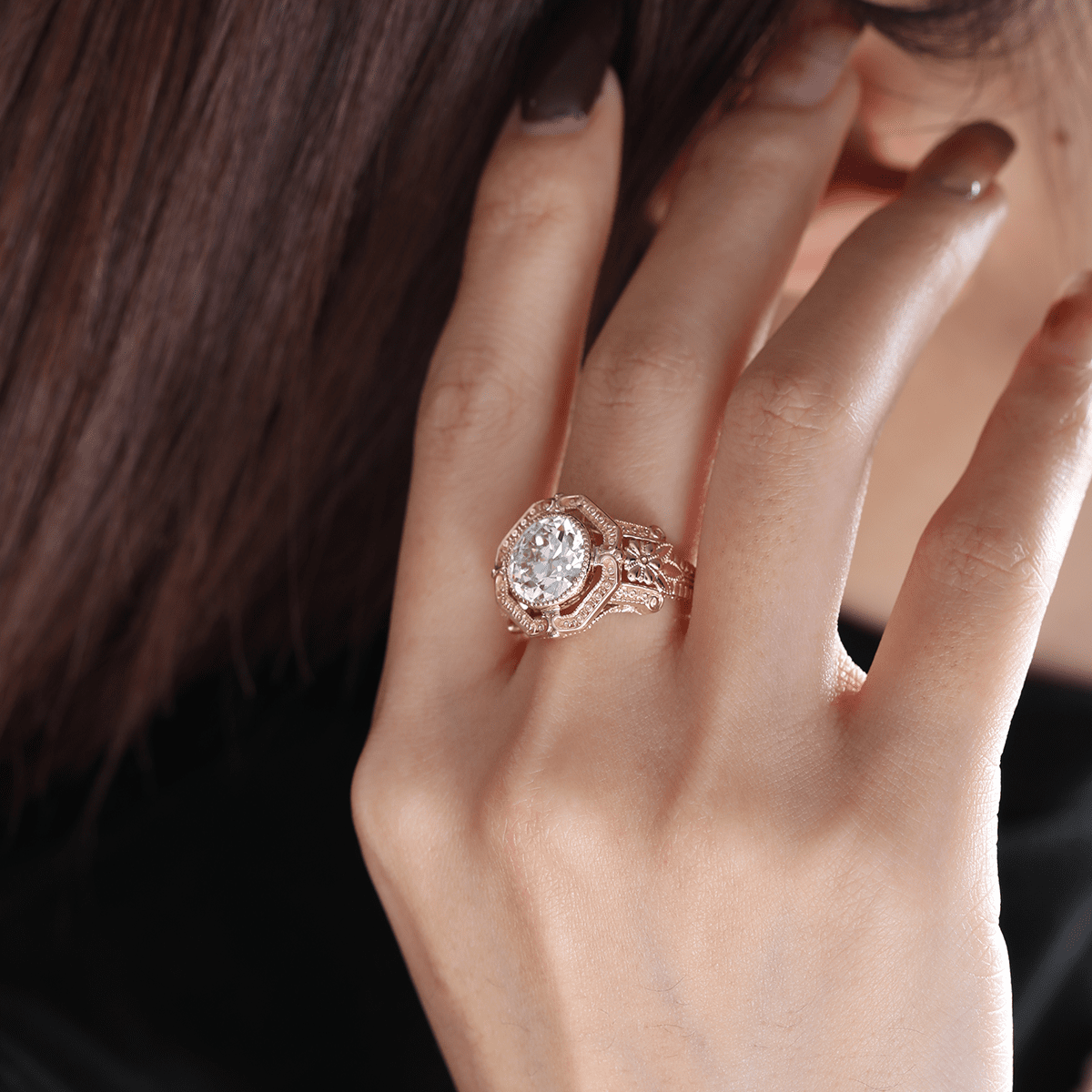 Old European-Cut Lab Diamond Ring with Millegrain Bezel Setting and Vintage Engraved Art Deco Design