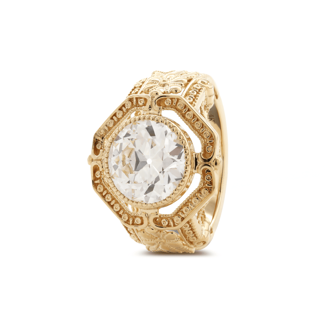 14K Yellow Gold 3ct Old European Cut Lab Diamond Millegrain Bezel Vintage Engraved Ring - Art Deco Style - FIORESE JEWELRY