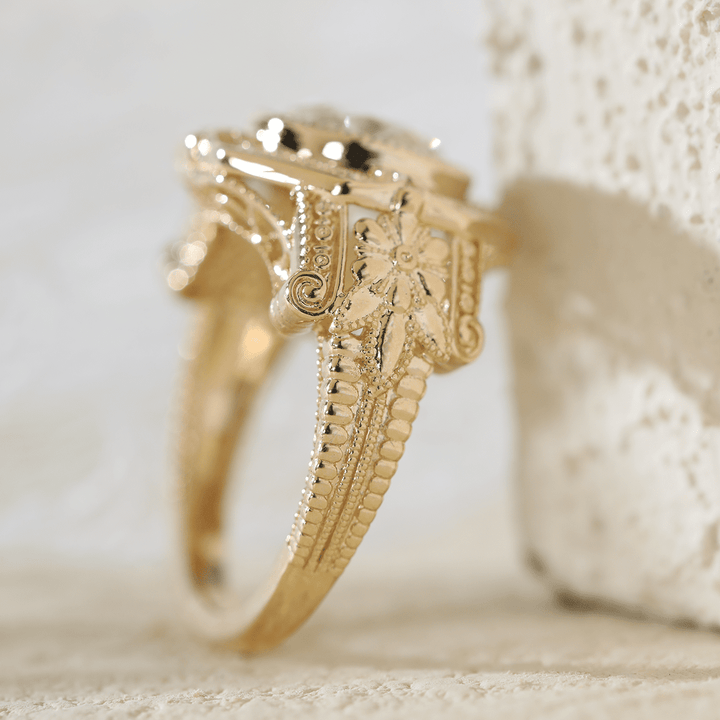 14K Yellow Gold 3ct Old European Cut Lab Diamond Millegrain Bezel Vintage Engraved Ring - Art Deco Style - FIORESE JEWELRY