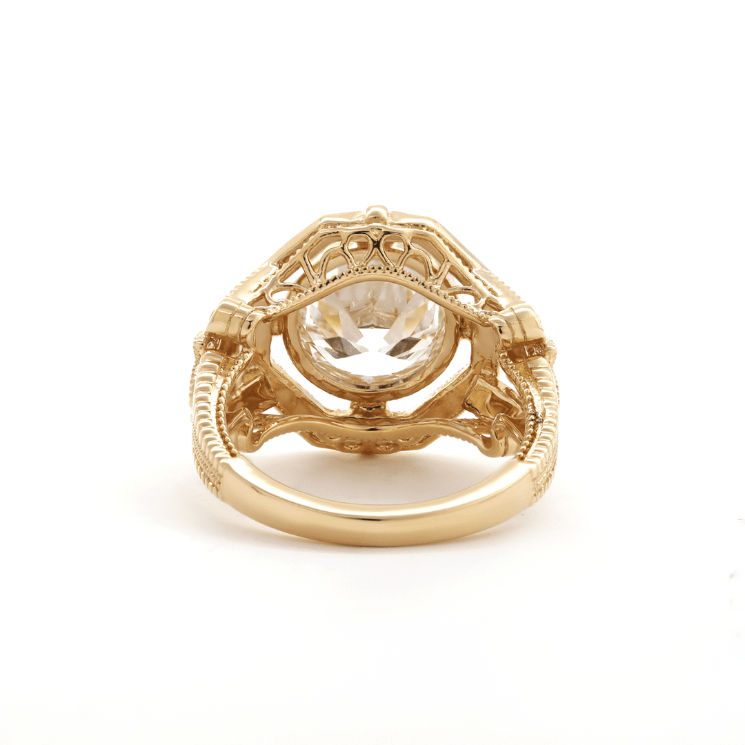 14K Yellow Gold 3ct Old European Cut Lab Diamond Millegrain Bezel Vintage Engraved Ring - Art Deco Style - FIORESE JEWELRY