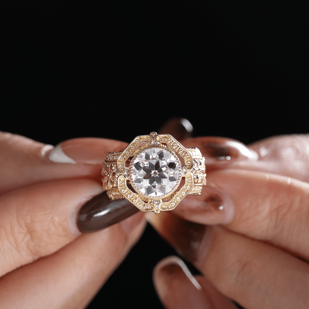 14K Yellow Gold 3ct Old European Cut Lab Diamond Millegrain Bezel Vintage Engraved Ring - Art Deco Style - FIORESE JEWELRY