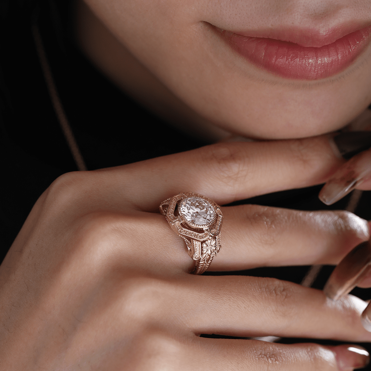 Old European-Cut Lab Diamond Ring with Millegrain Bezel Setting and Vintage Engraved Art Deco Design