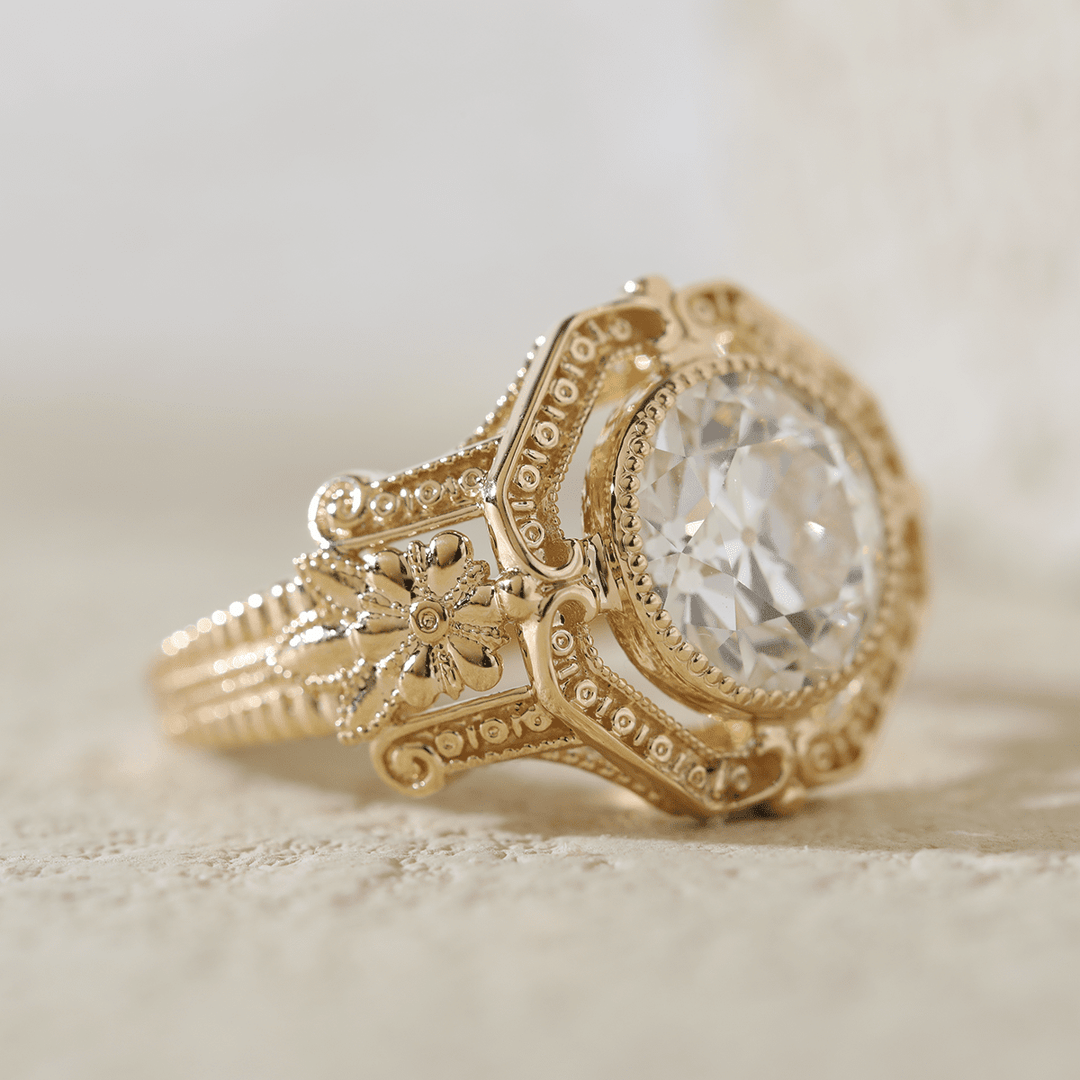 14K Yellow Gold 3ct Old European Cut Lab Diamond Millegrain Bezel Vintage Engraved Ring - Art Deco Style - FIORESE JEWELRY