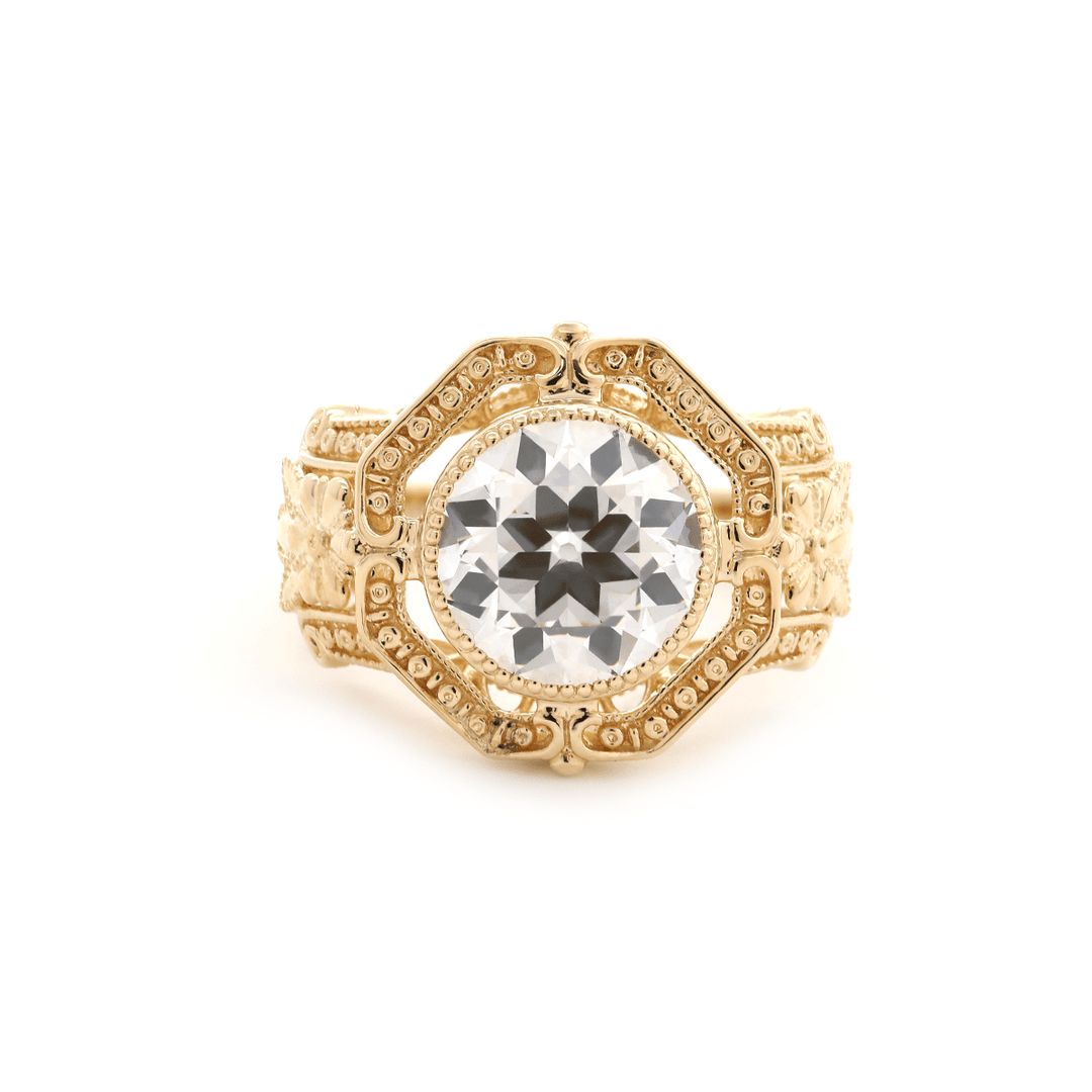 14K Yellow Gold 3ct Old European Cut Lab Diamond Millegrain Bezel Vintage Engraved Ring - Art Deco Style - FIORESE JEWELRY