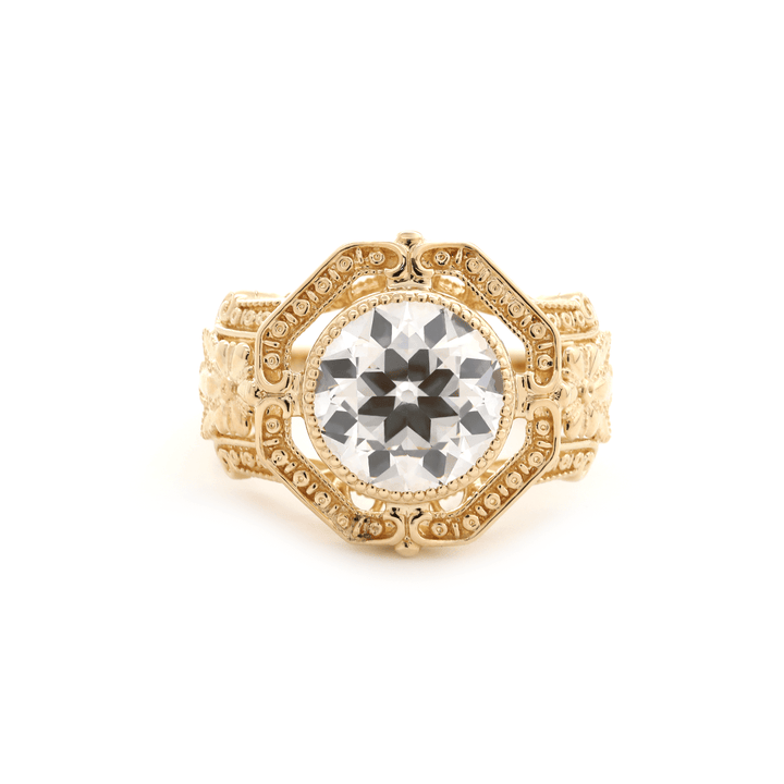 14K Yellow Gold 3ct Old European Cut Lab Diamond Millegrain Bezel Vintage Engraved Ring - Art Deco Style - FIORESE JEWELRY