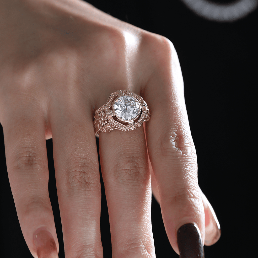 14K Yellow Gold 3ct Old European Cut Lab Diamond Millegrain Bezel Vintage Engraved Ring - Art Deco Style - FIORESE JEWELRY