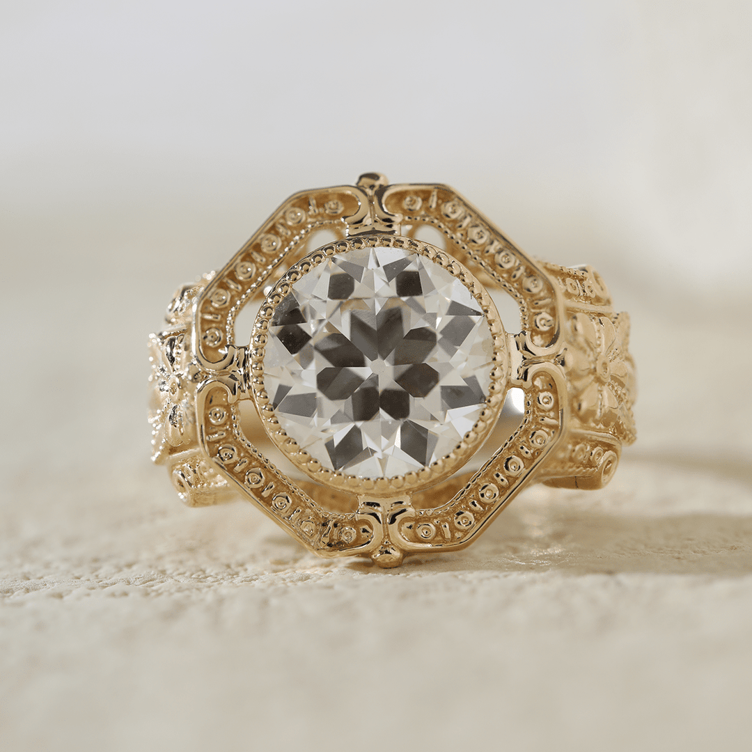 14K Yellow Gold 3ct Old European Cut Lab Diamond Millegrain Bezel Vintage Engraved Ring - Art Deco Style - FIORESE JEWELRY