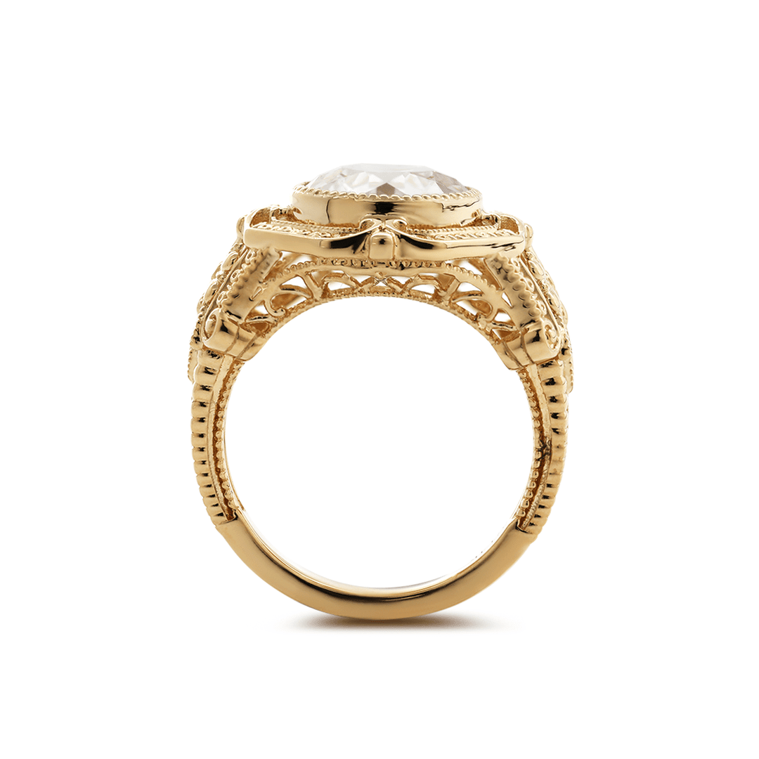14K Yellow Gold 3ct Old European Cut Lab Diamond Millegrain Bezel Vintage Engraved Ring - Art Deco Style - FIORESE JEWELRY