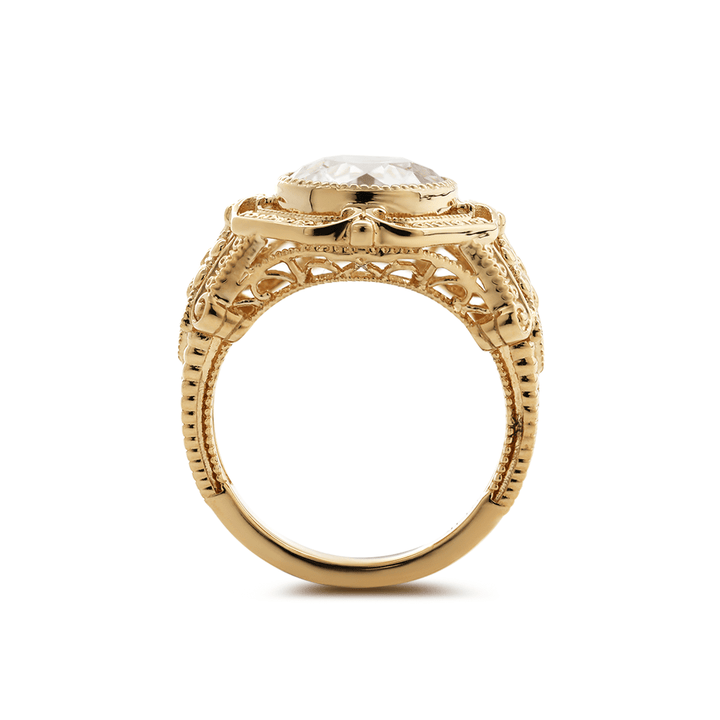 14K Yellow Gold 3ct Old European Cut Lab Diamond Millegrain Bezel Vintage Engraved Ring - Art Deco Style - FIORESE JEWELRY