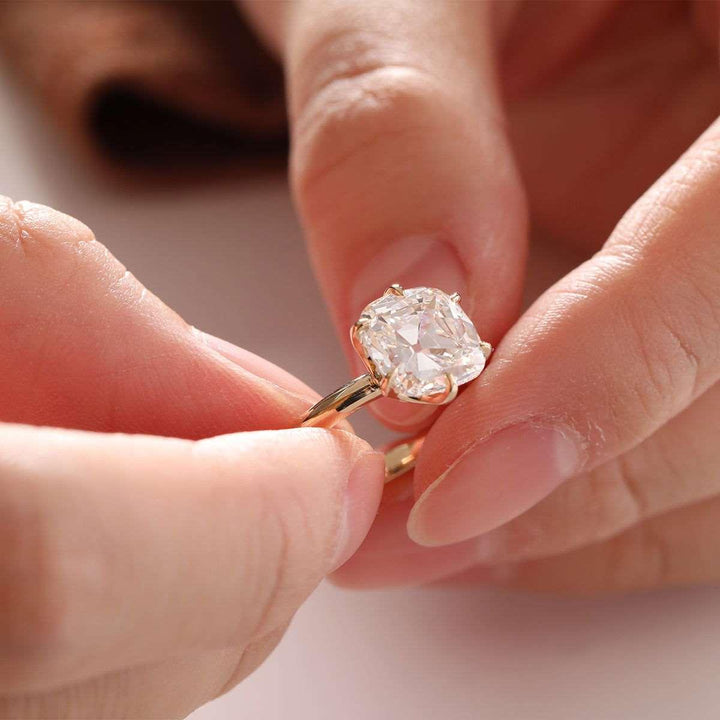 14K Yellow Gold 3ct Old Mine Cut Cushion Diamond Hidden Basket Ring with 6 Prongs Floral Vintage Solitaire Design - FIORESE JEWELRY