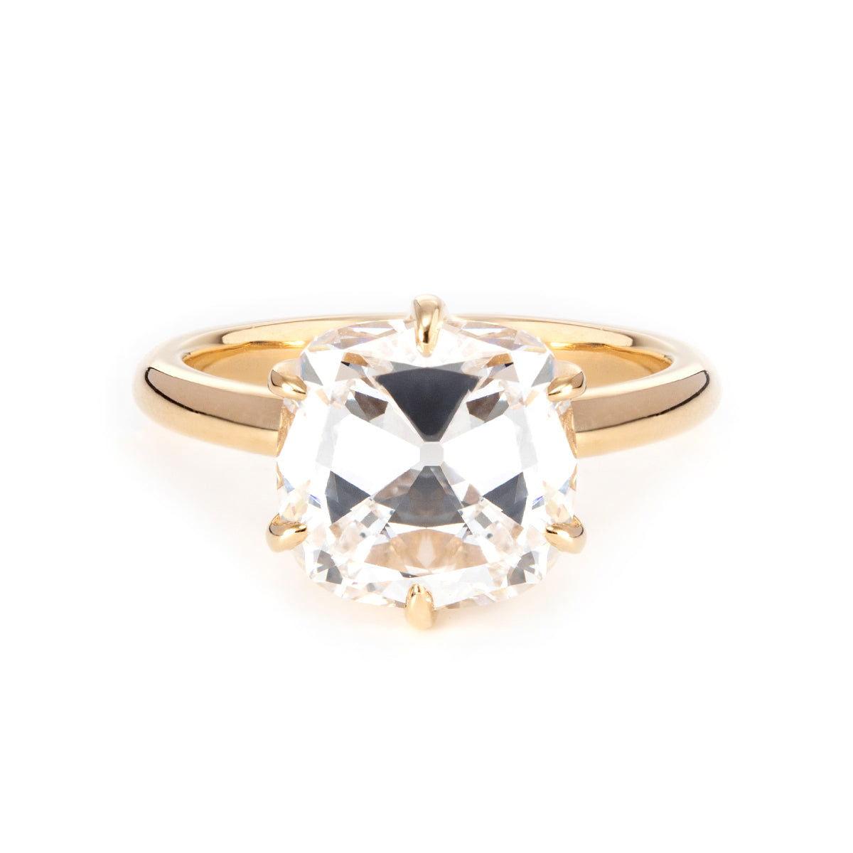 14K Yellow Gold 3ct Old Mine Cut Cushion Diamond Hidden Basket Ring with 6 Prongs Floral Vintage Solitaire Design - FIORESE JEWELRY