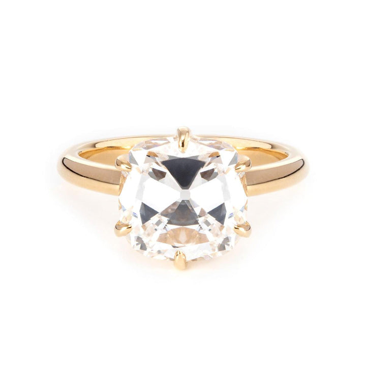 14K Yellow Gold 3ct Old Mine Cut Cushion Diamond Hidden Basket Ring with 6 Prongs Floral Vintage Solitaire Design - FIORESE JEWELRY
