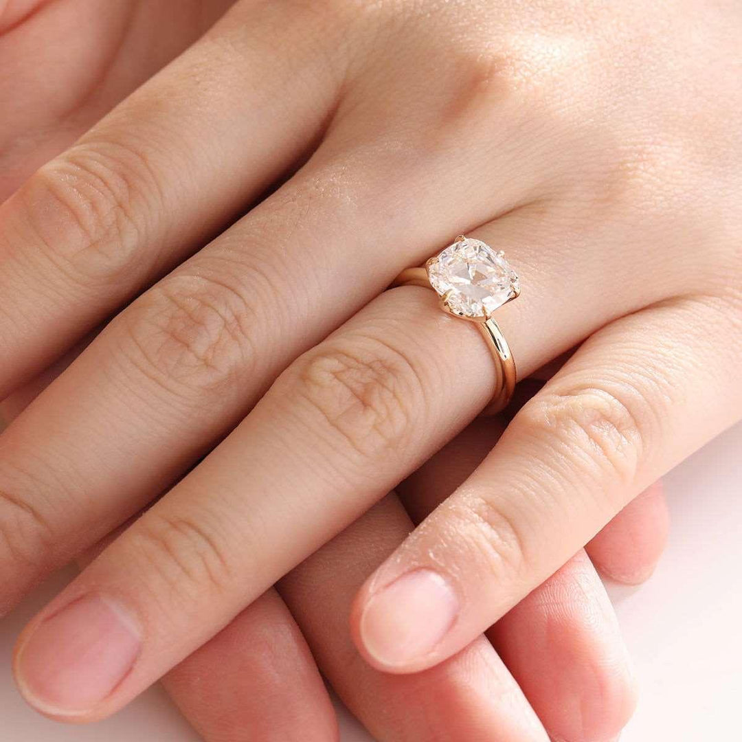 14K Yellow Gold 3ct Old Mine Cut Cushion Diamond Hidden Basket Ring with 6 Prongs Floral Vintage Solitaire Design - FIORESE JEWELRY