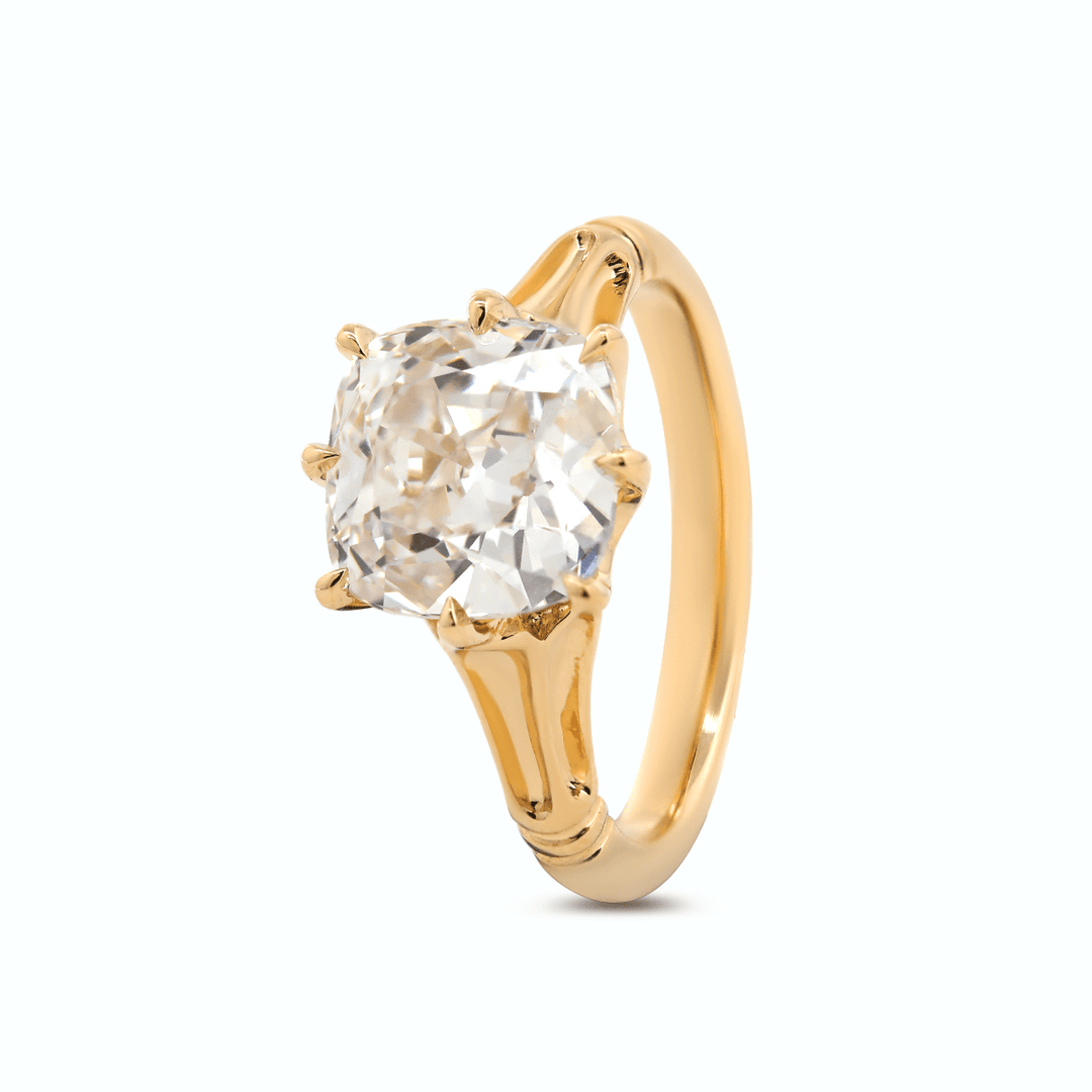 14K Yellow Gold 3ct Old Mine Cut Lab Diamond 8 Prongs Crown Basket Solitaire Ring - FIORESE JEWELRY