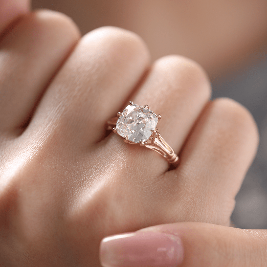 14K Yellow Gold 3ct Old Mine Cut Lab Diamond 8 Prongs Crown Basket Solitaire Ring - FIORESE JEWELRY