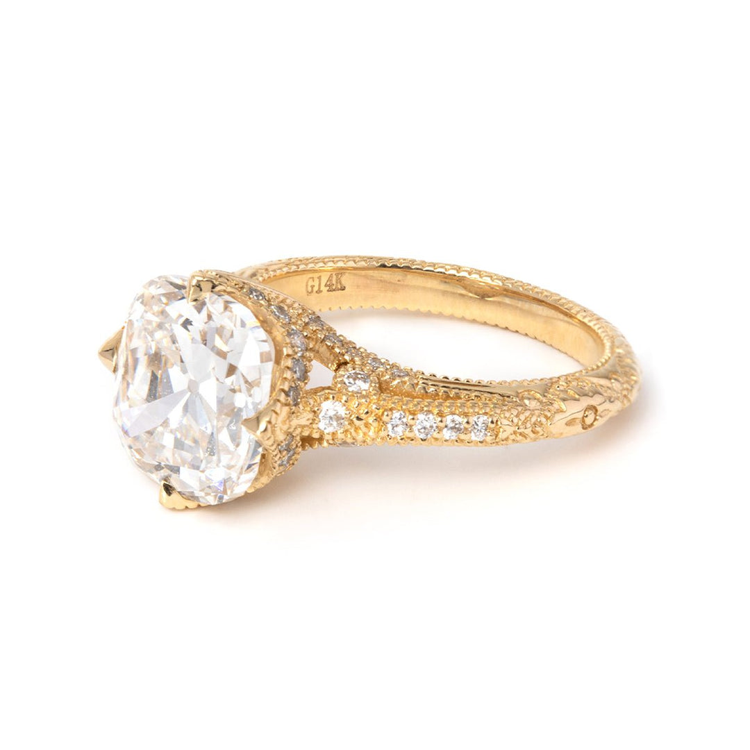 14K Yellow Gold 3ct Old Mine Cut Lab Diamond Crown Setting Diamond - milling Vintage Ring with Round Lab Diamond Side - stone - FIORESE JEWELRY