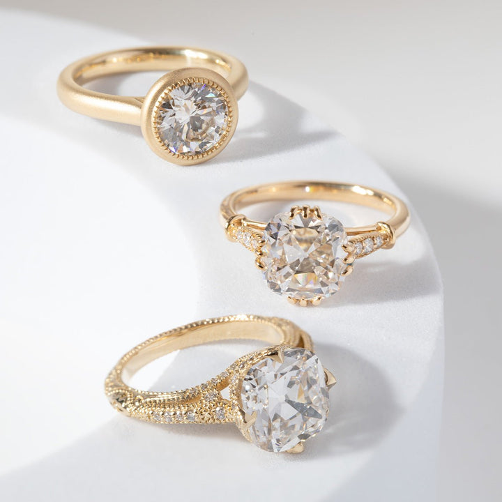 14K Yellow Gold 3ct Old Mine Cut Lab Diamond Crown Setting Diamond - milling Vintage Ring with Round Lab Diamond Side - stone - FIORESE JEWELRY