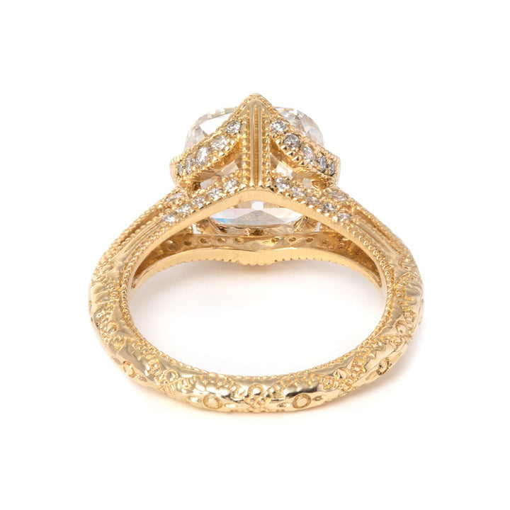14K Yellow Gold 3ct Old Mine Cut Lab Diamond Crown Setting Diamond - milling Vintage Ring with Round Lab Diamond Side - stone - FIORESE JEWELRY
