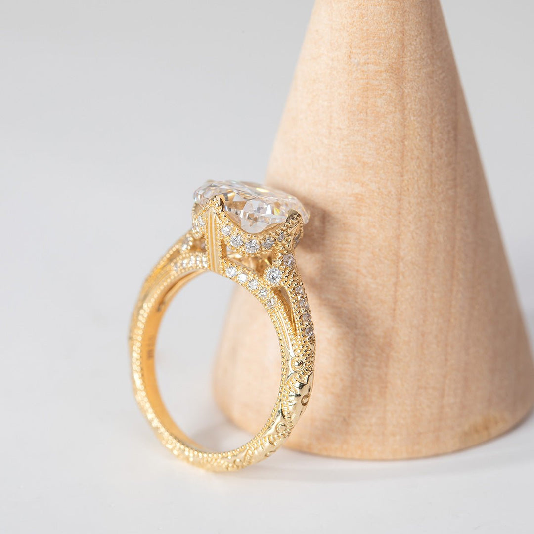 14K Yellow Gold 3ct Old Mine Cut Lab Diamond Crown Setting Diamond - milling Vintage Ring with Round Lab Diamond Side - stone - FIORESE JEWELRY