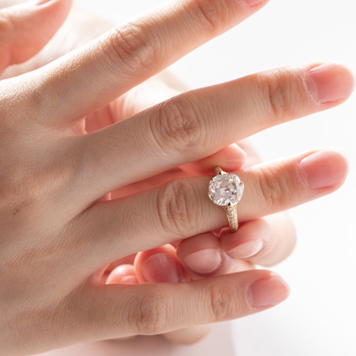 Old Mine-Cut Lab Diamond Vintage Ring with Crown-Setting Diamond Milling and Round Lab Diamond Side Stones