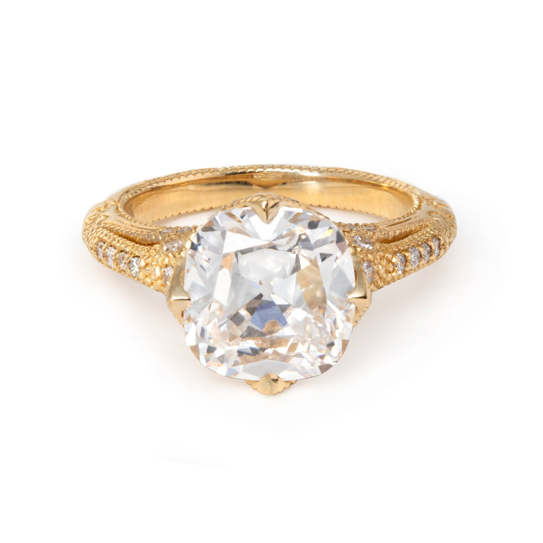 14K Yellow Gold 3ct Old Mine Cut Lab Diamond Crown Setting Diamond - milling Vintage Ring with Round Lab Diamond Side - stone - FIORESE JEWELRY