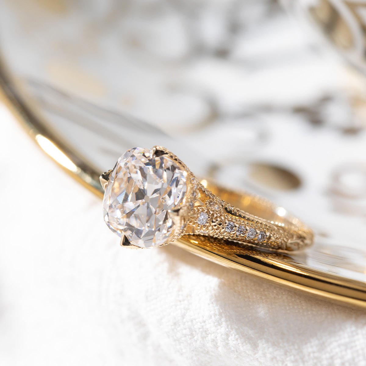 Old Mine-Cut Lab Diamond Vintage Ring with Crown-Setting Diamond Milling and Round Lab Diamond Side Stones