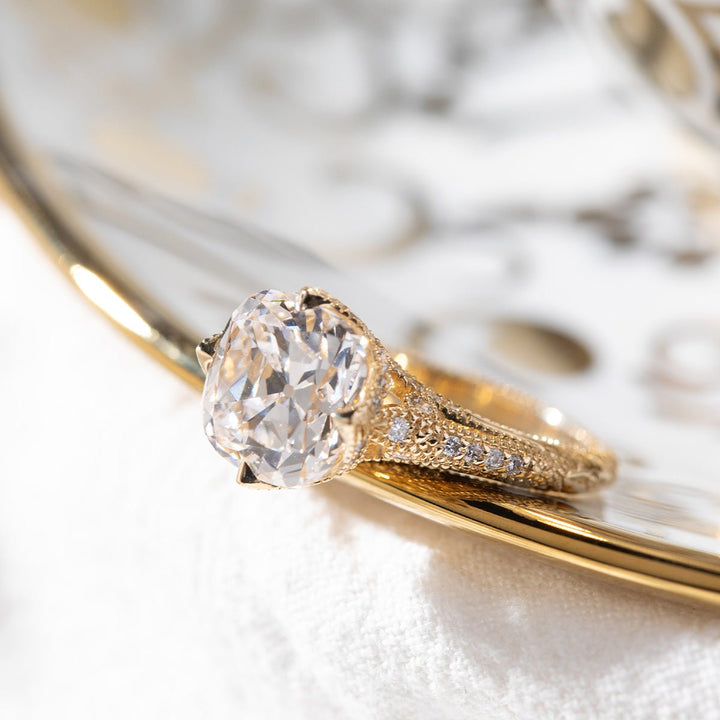 14K Yellow Gold 3ct Old Mine Cut Lab Diamond Crown Setting Diamond - milling Vintage Ring with Round Lab Diamond Side - stone - FIORESE JEWELRY