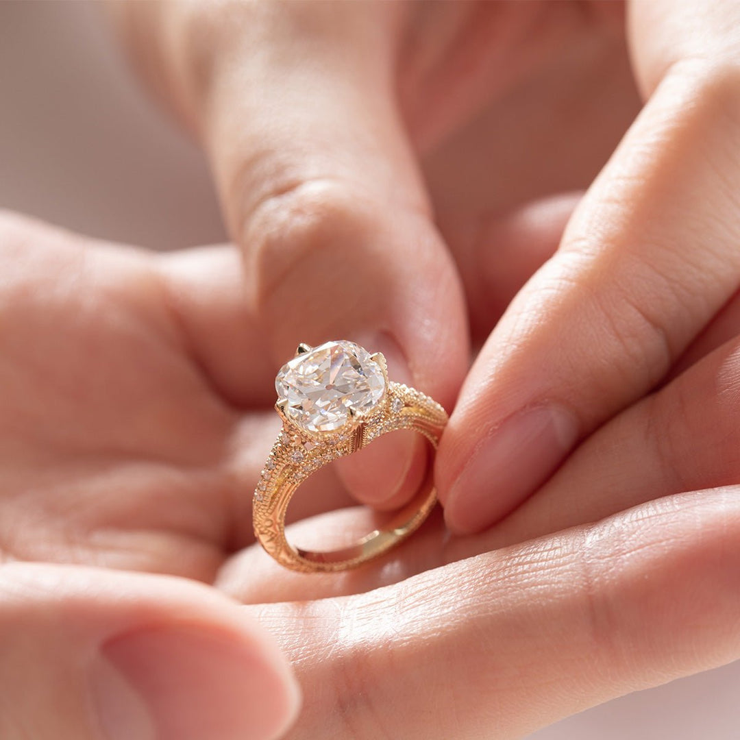 14K Yellow Gold 3ct Old Mine Cut Lab Diamond Crown Setting Diamond - milling Vintage Ring with Round Lab Diamond Side - stone - FIORESE JEWELRY