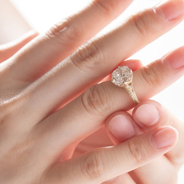 14K Yellow Gold 3ct Old Mine Cut Lab Diamond Crown Setting Diamond - milling Vintage Ring with Round Lab Diamond Side - stone - FIORESE JEWELRY